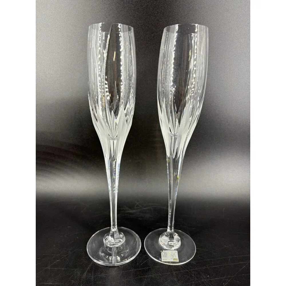 Pair Mikasa Crystal Flame D'amore Champagne Flute Glasses Set 2